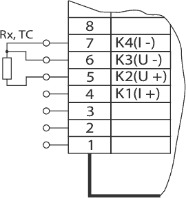 Схема подключения при измерении сопротивления
(в том числе сигналов от термопреобразователей сопротивления)
по трехпроводной схеме (исполнение DIN)