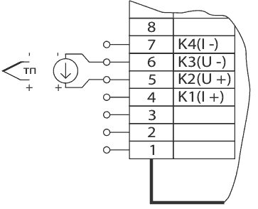 Схема подключения при измерении
сигналов от термопар и напряжения постоянного тока (исполнение DIN)