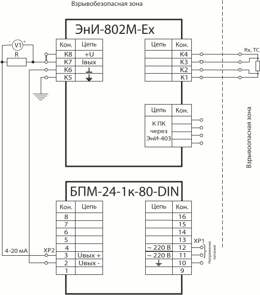 Схема подключения ЭнИ-802М-Ех с первичным преобразователем типа термопреобразователь сопротивления и выходным токовым сигналом 4…20 мА
