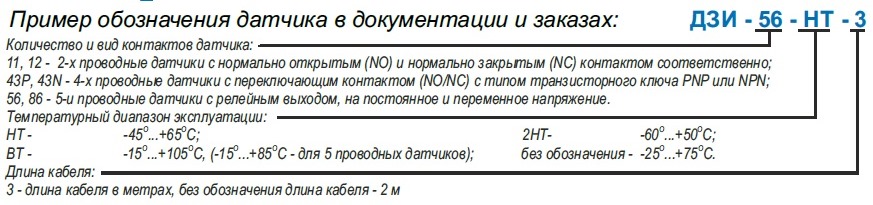 Пример обозначения датчиков ДЗИ в документации и заказах